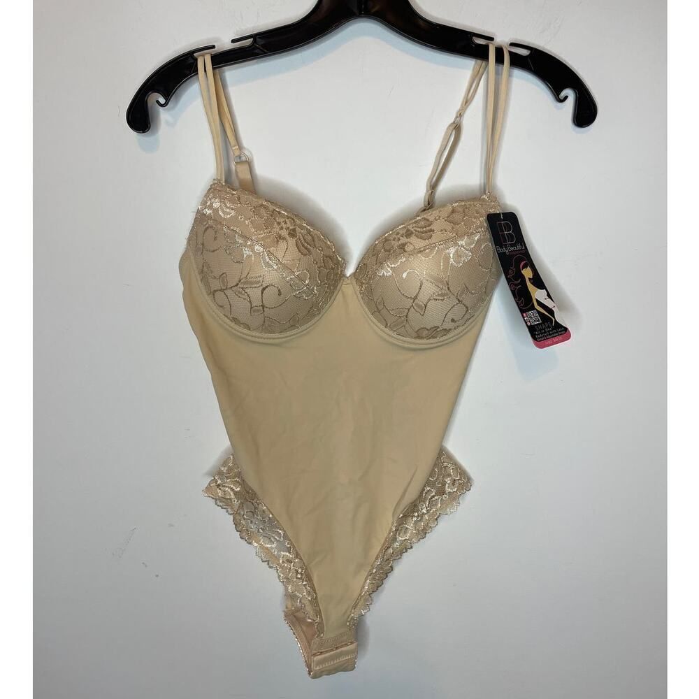 Body Beautiful Womens Size Small Shapewear Bodysuit Tan Nude Lace Adjustable NWT